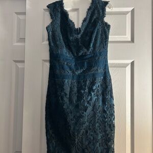 Elegant Lace V-Neck Dress - Dark Blue
